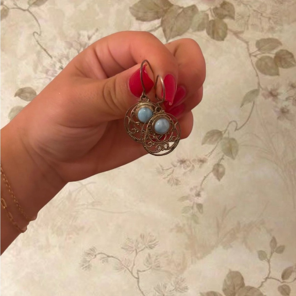 Antique Victorian Silver Dangle Light Blue Stone earrings (TVD Aesthetic)